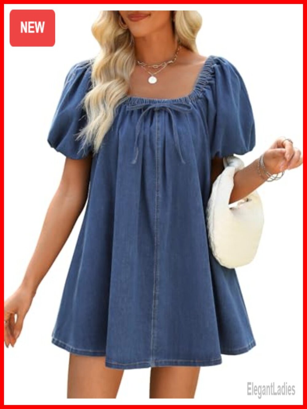 Women Denim Dress Puff Short Sleeve Square Neck Jean Dress Bow Tie Loose Fit